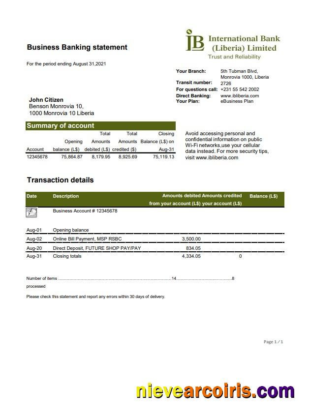 Liberia IB International Bank excel pdf